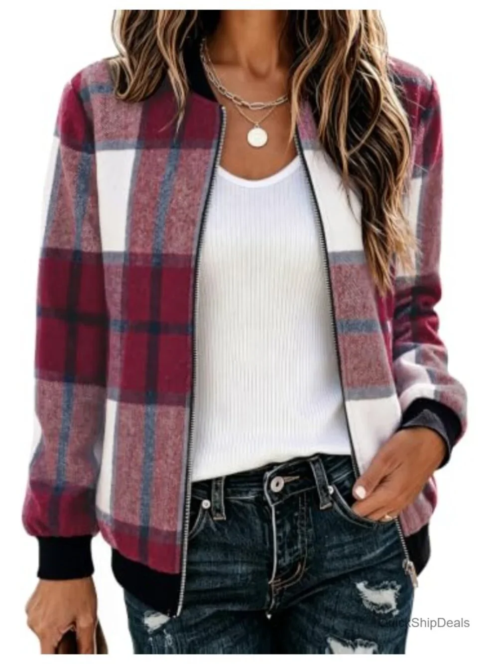 Womens Plaid Wool Blend Bomber Jacket Casual Zip Up Lightweight Fall Coat